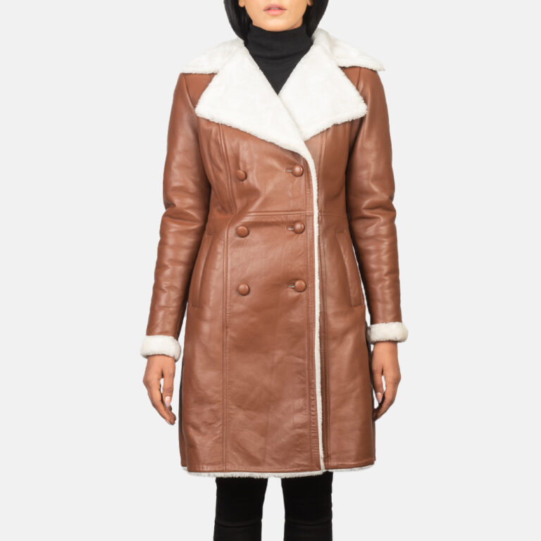 Womens Amie Brown Double Breasted Shearling Coat Close Front-5-1652199381898